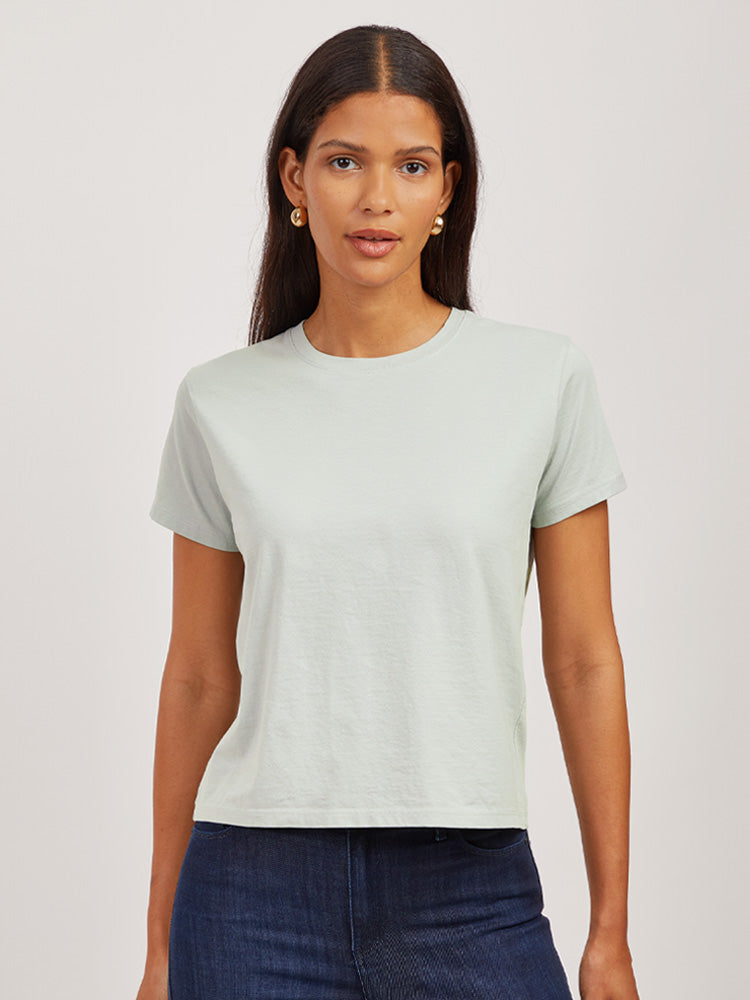 Women wearing White Boxy Not See-Through Crew Tee tees