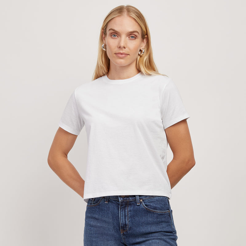 Women wearing White Boxy Not See-Through Crew Tee tees