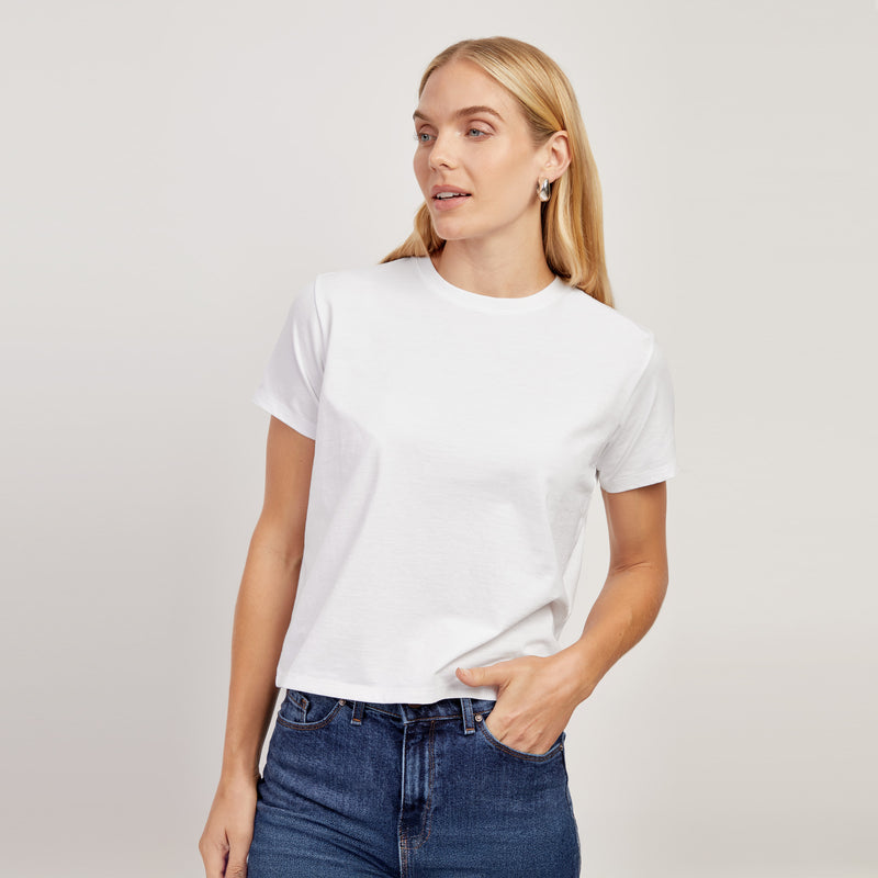 Women wearing White Boxy Not See-Through Crew Tee tees