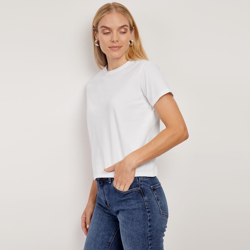 Women wearing White Boxy Not See-Through Crew Tee tees