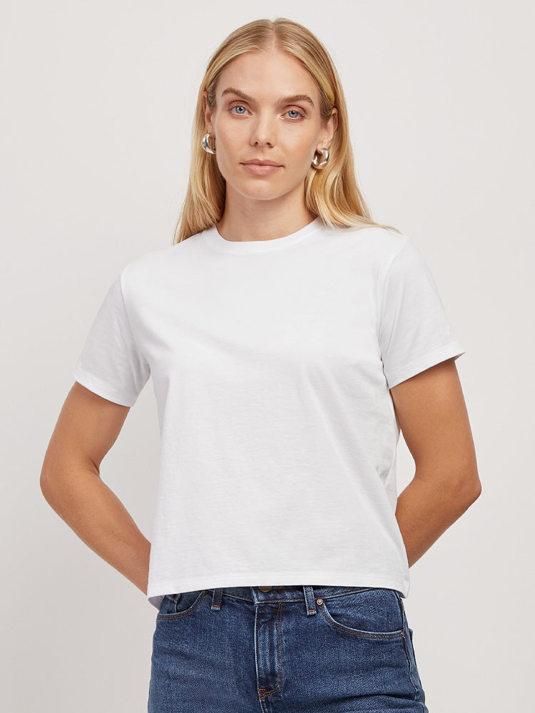 Women wearing White Boxy Not See-Through Crew Tee tees
