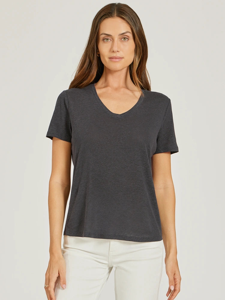 Women wearing White Relaxed Linen Blend V-Neck Tee