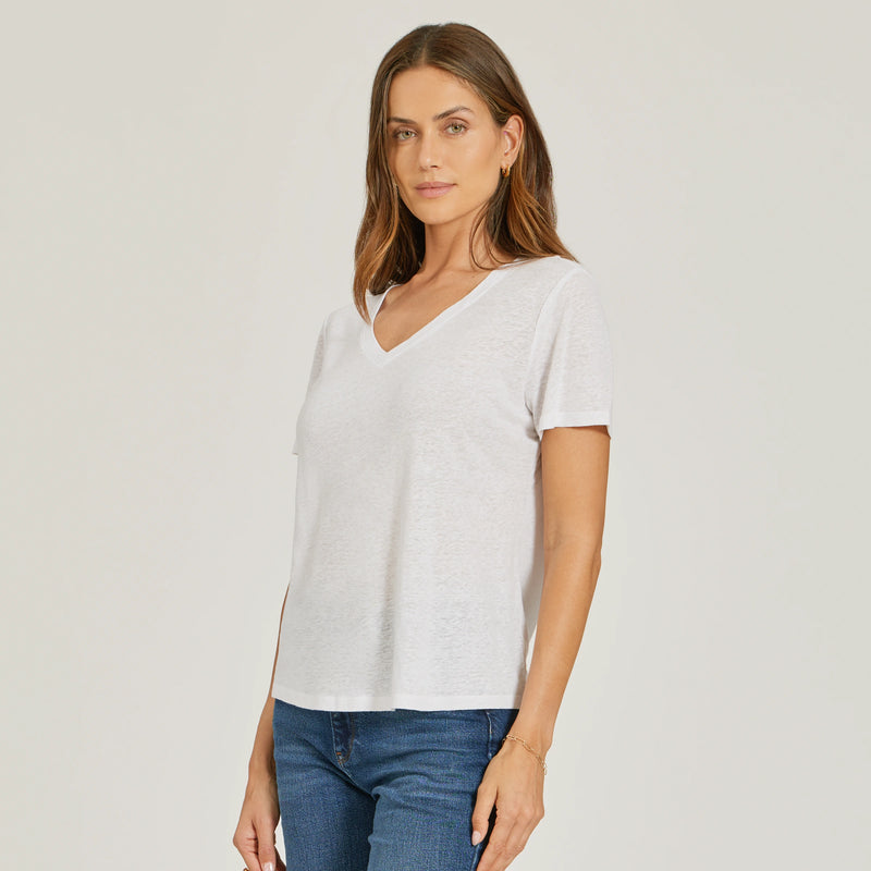 Women wearing White Relaxed Linen Blend V-Neck Tee tees