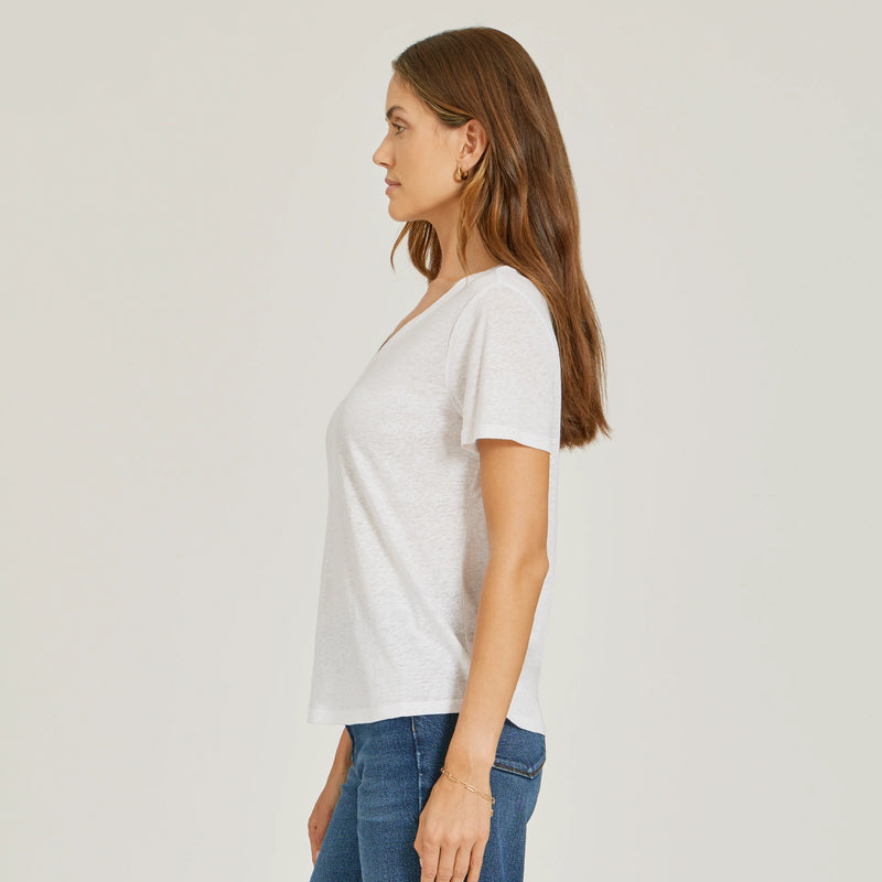 Women wearing White Relaxed Linen Blend V-Neck Tee tees