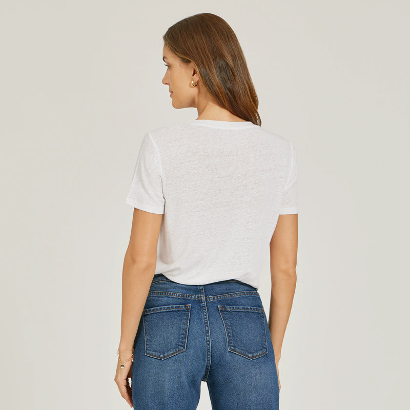 Women wearing White Relaxed Linen Blend V-Neck Tee tees