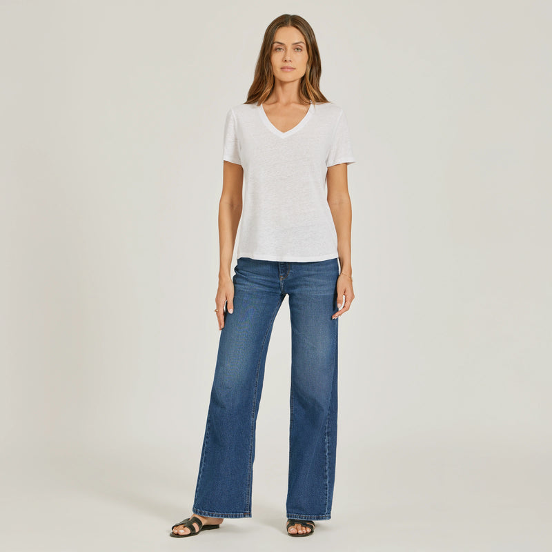 Women wearing White Relaxed Linen Blend V-Neck Tee tees