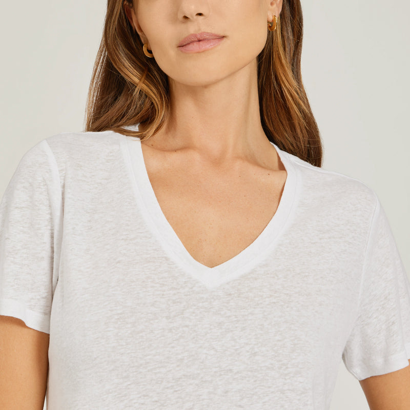 Women wearing White Relaxed Linen Blend V-Neck Tee tees
