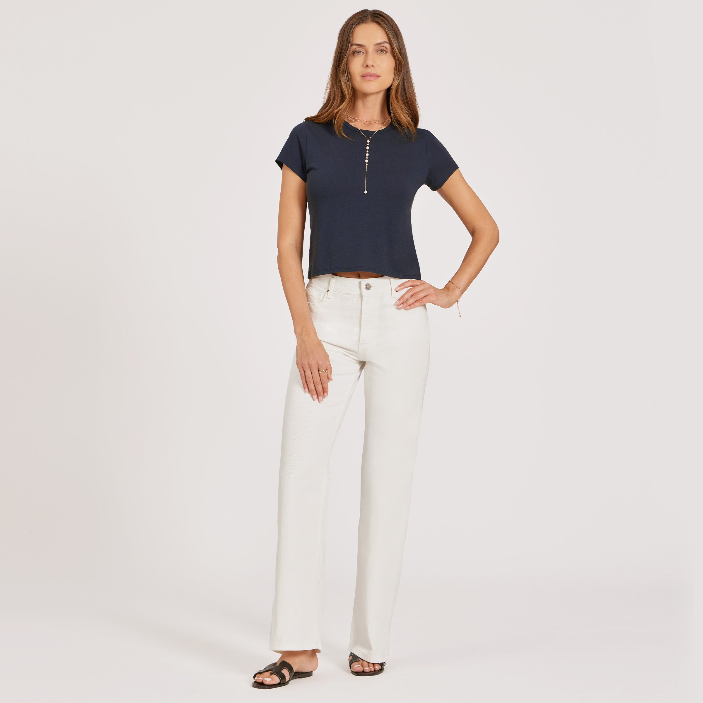 Women wearing Navy Cropped Fitted Crew Marcy Tee