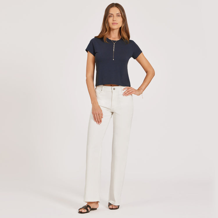 Women wearing Navy Cropped Fitted Crew Marcy Tee