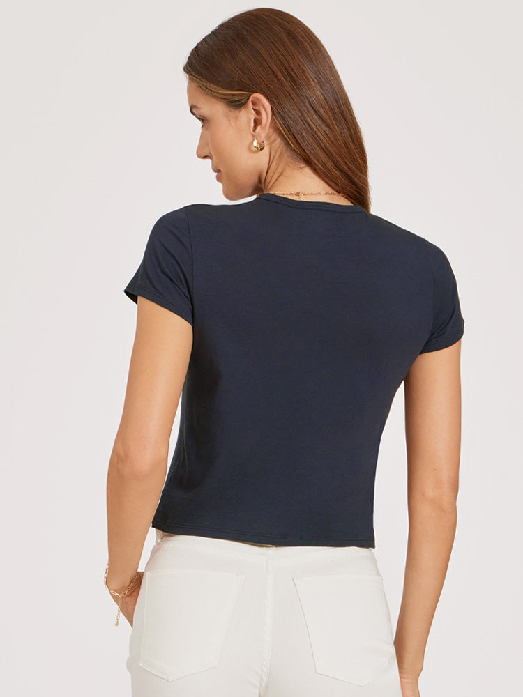 Women wearing Navy Cropped Fitted Crew Marcy Tee