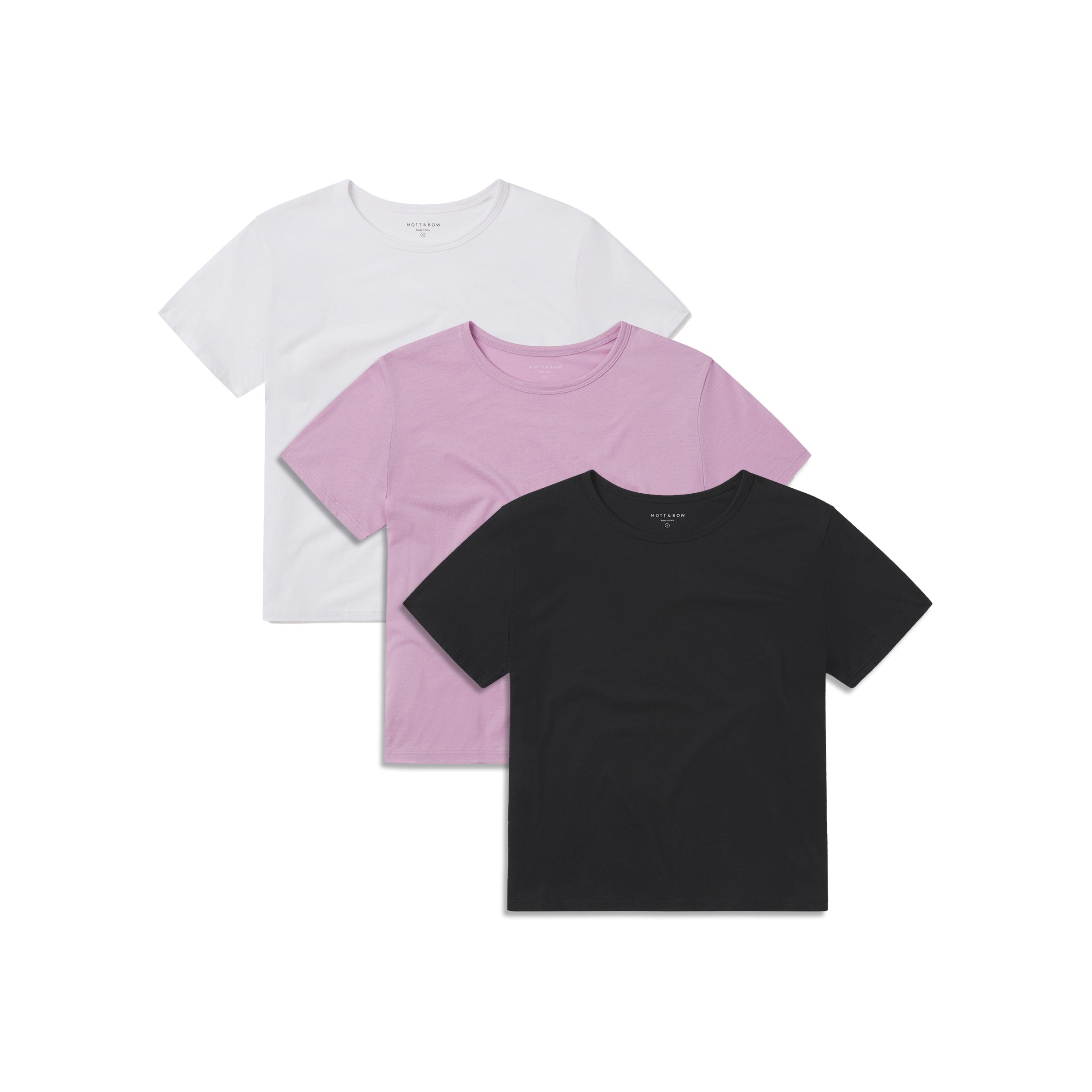 Women wearing Rose Pink/Black/White Cropped Fitted Crew Marcy Tee 3-Pack tees