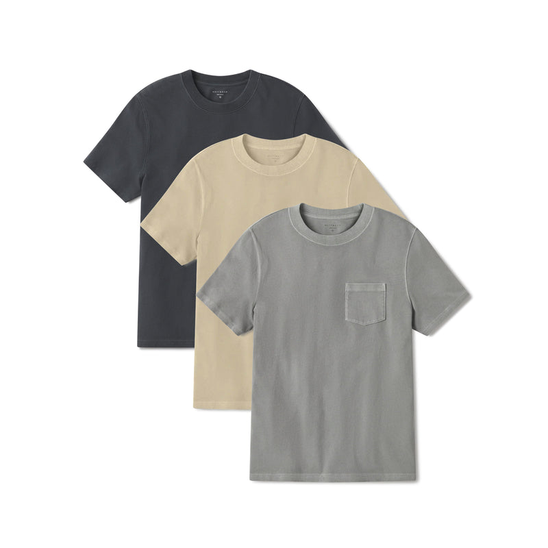 Men wearing Vintage Taupe/Vintage Pewter/Vintage Blue Ink Heritage Weighted Tee 3-Pack tees