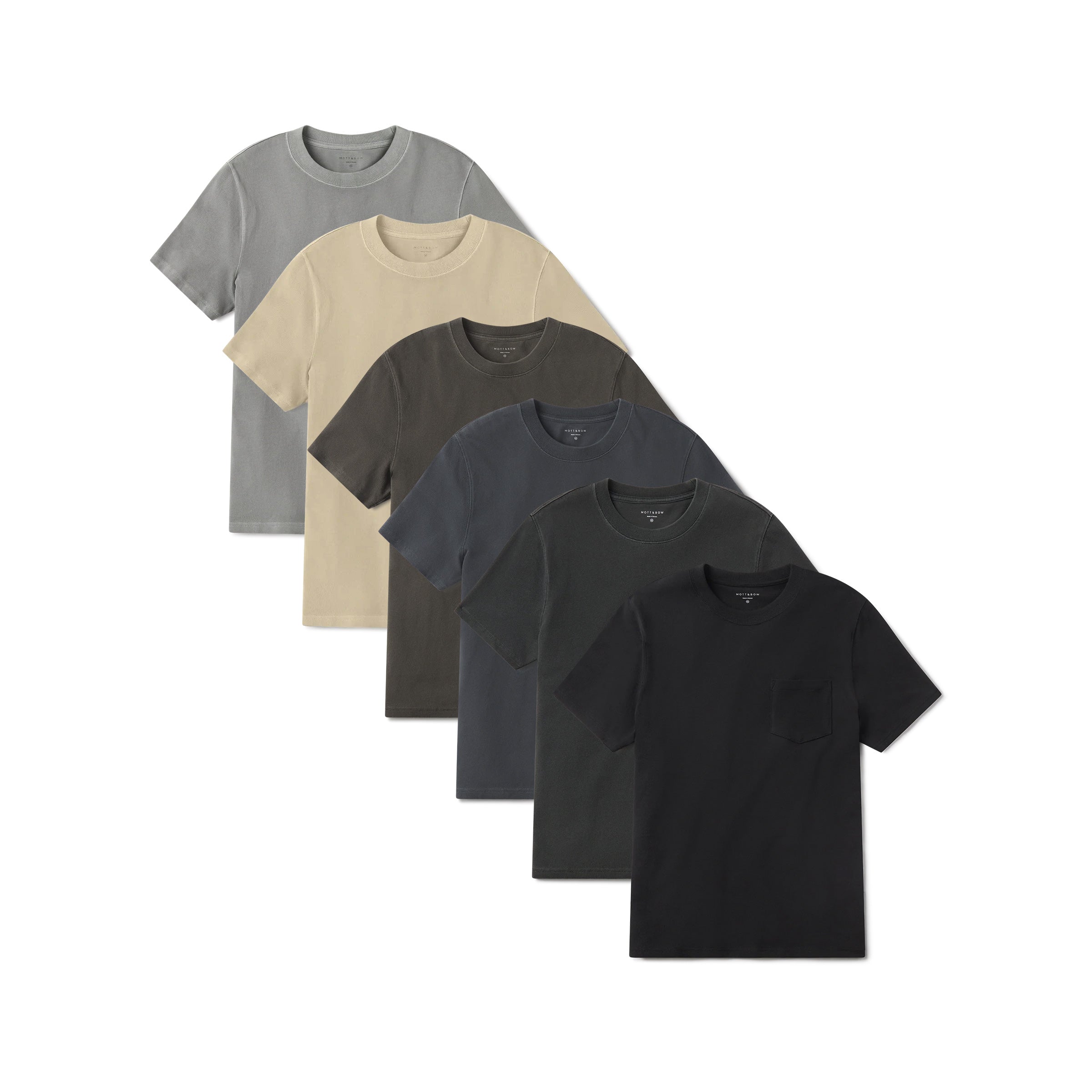 Men wearing Vintage Black/Vintage Taupe/Vintage Blue Ink/Vintage Pewter/Vintage Dark Gray/Vintage Dark Moss Heritage Weighted Tee 6-Pack tees
