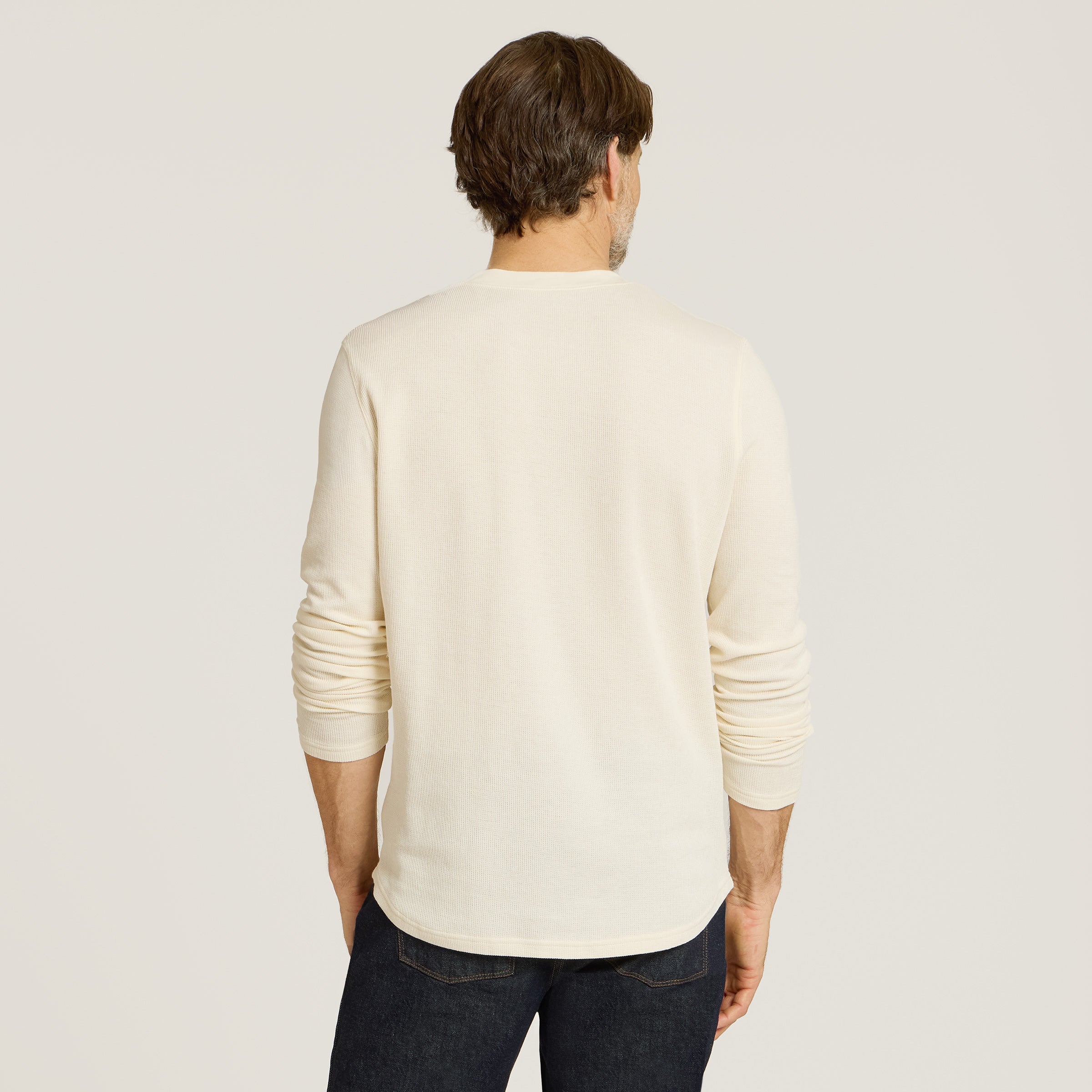 Men wearing Bone Cotton Waffle Curved Hem Henley