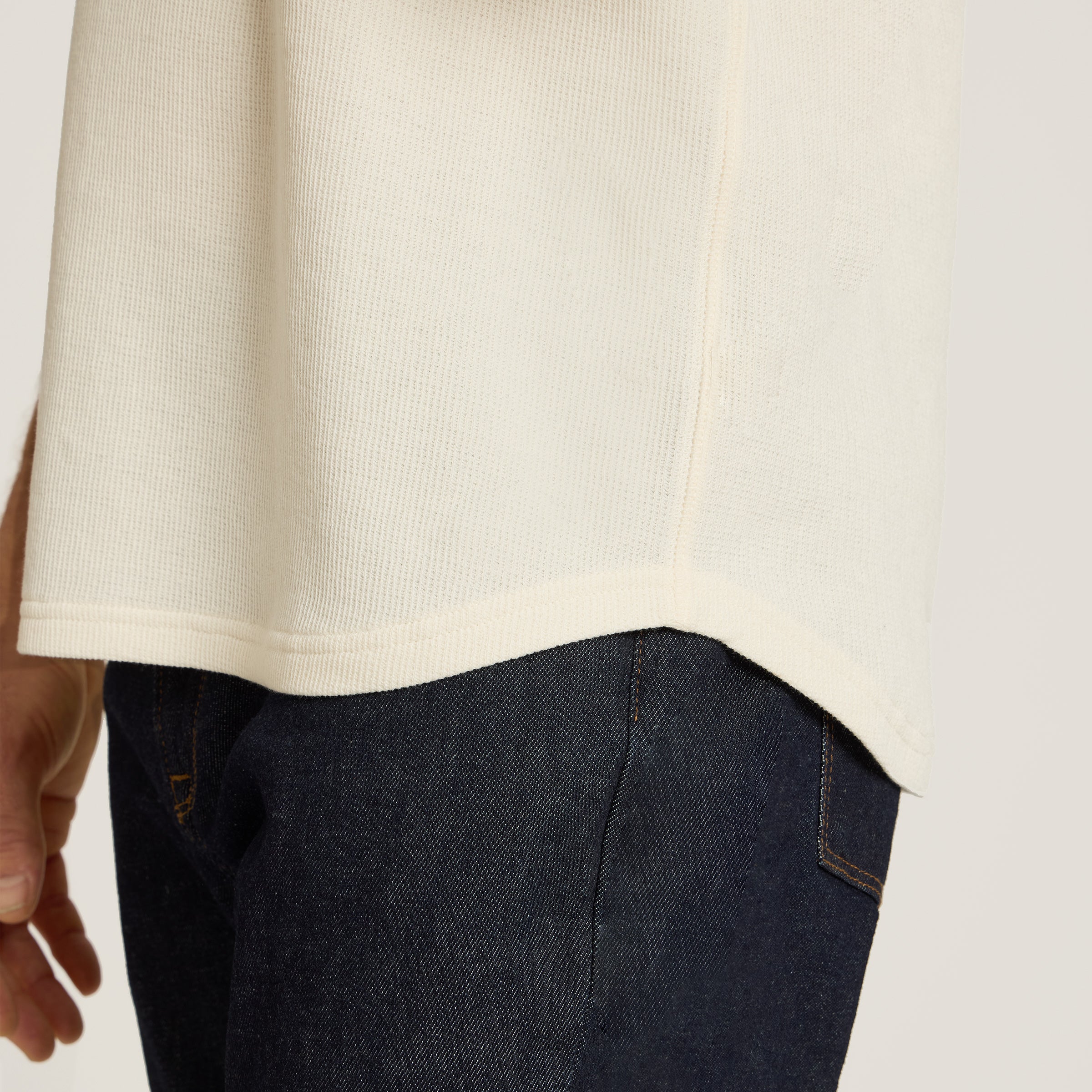 Men wearing Bone Cotton Waffle Curved Hem Henley