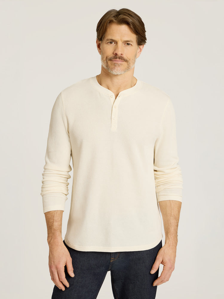 Men wearing Bone Cotton Waffle Curved Hem Henley