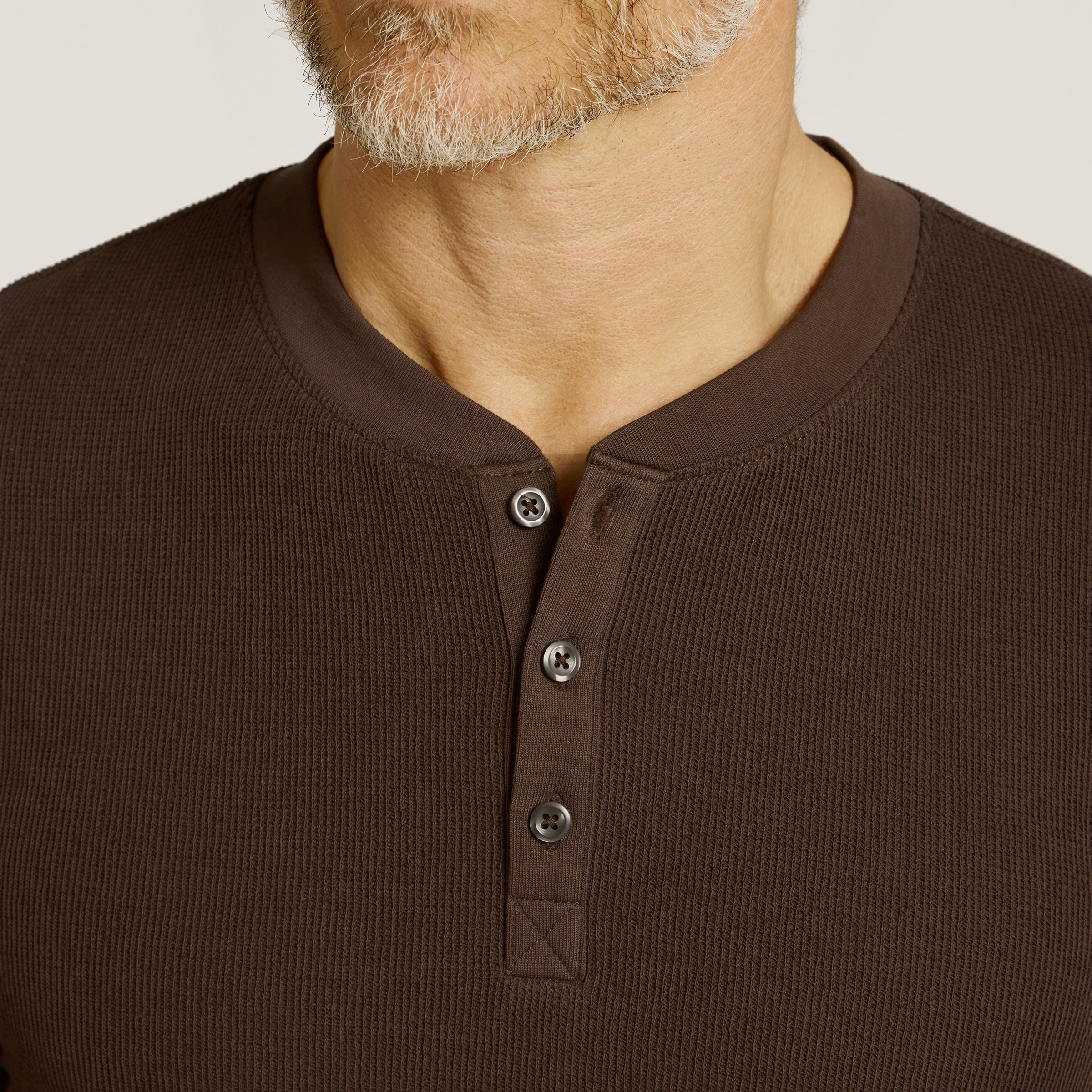 Men wearing Cocoa Cotton Waffle Curved Hem Henley