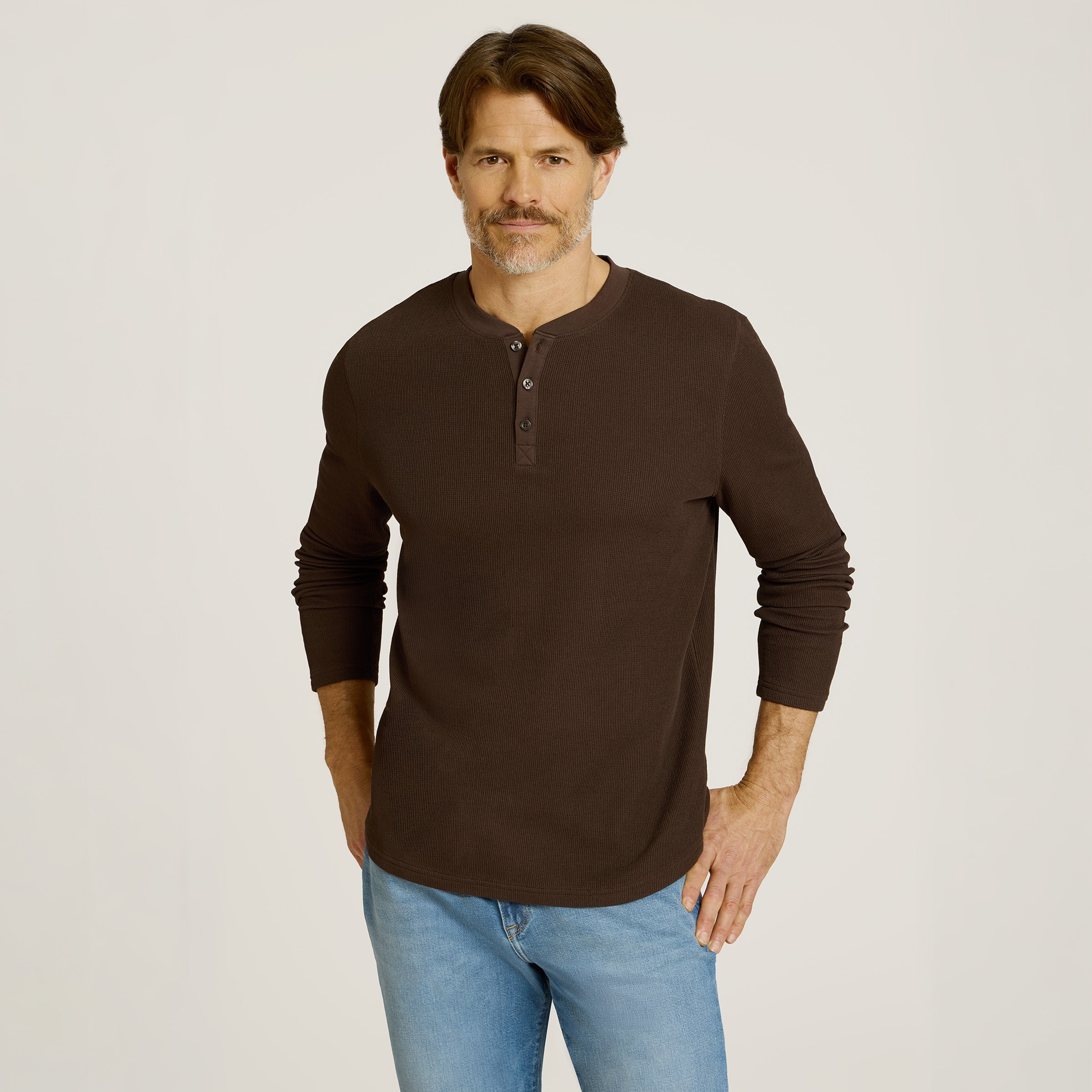 Men wearing Cocoa Cotton Waffle Curved Hem Henley