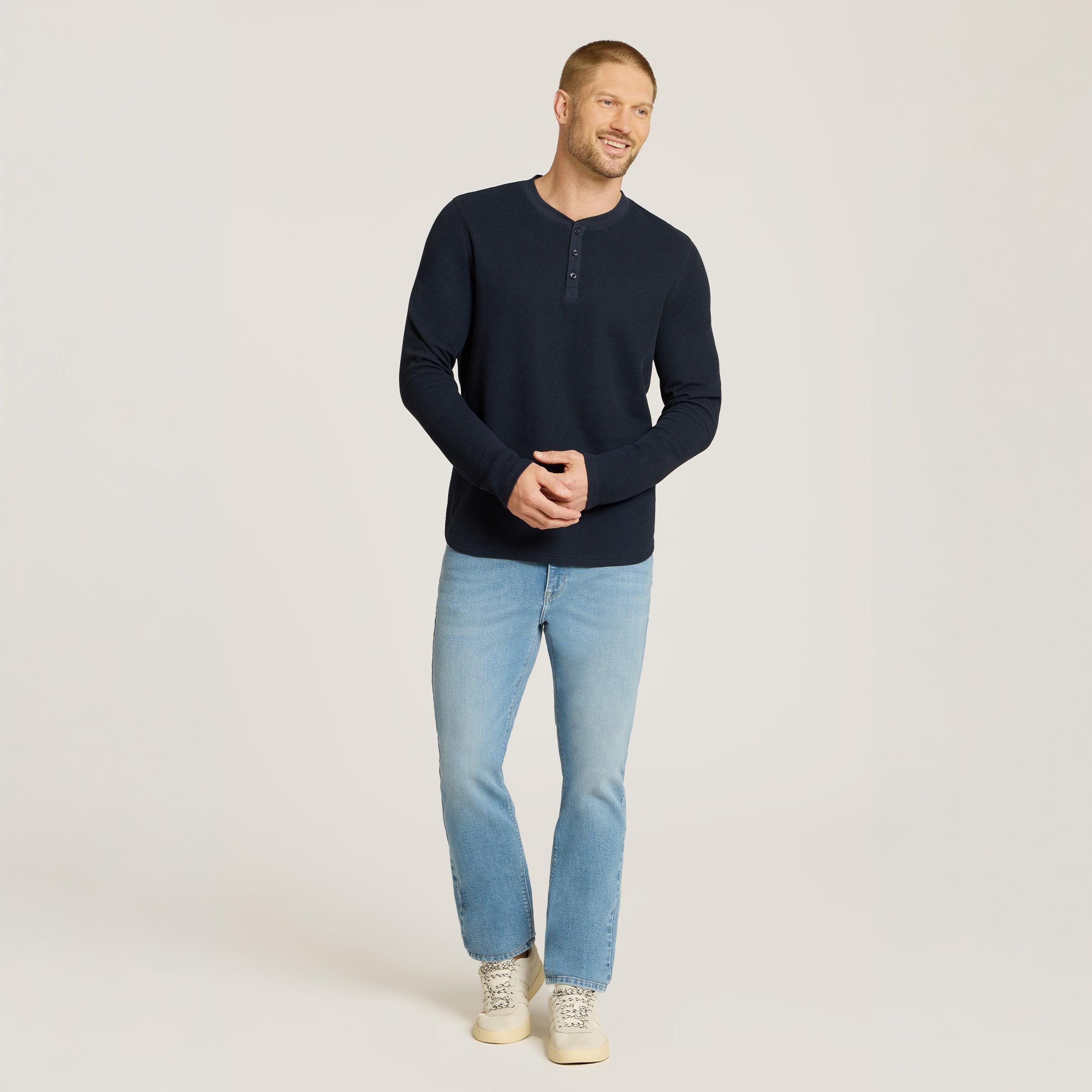 Men wearing Navy Cotton Waffle Curved Hem Henley