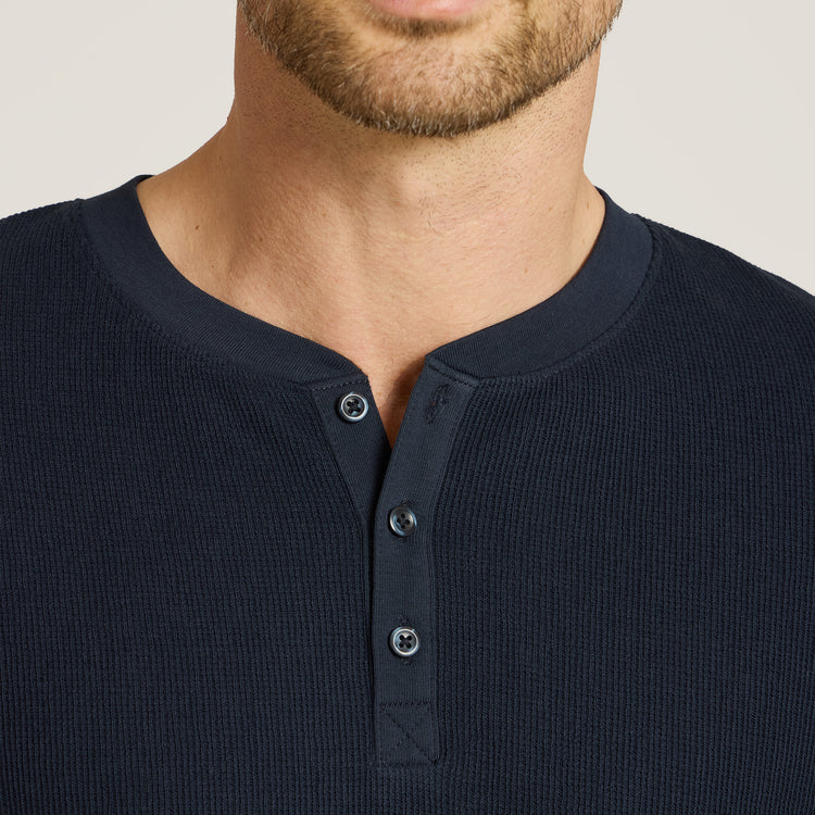 Men wearing Navy Cotton Waffle Curved Hem Henley
