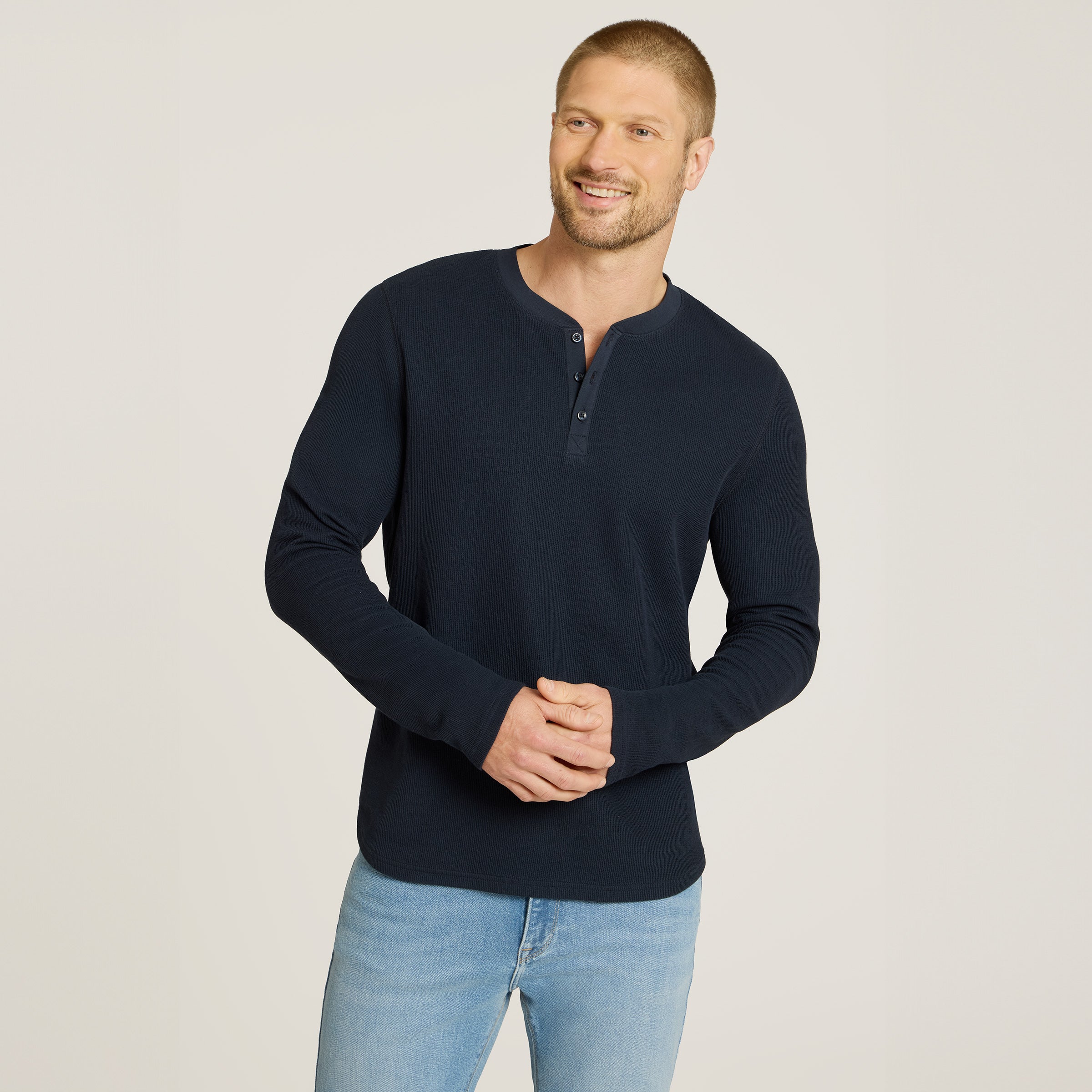 Men wearing Navy Cotton Waffle Curved Hem Henley
