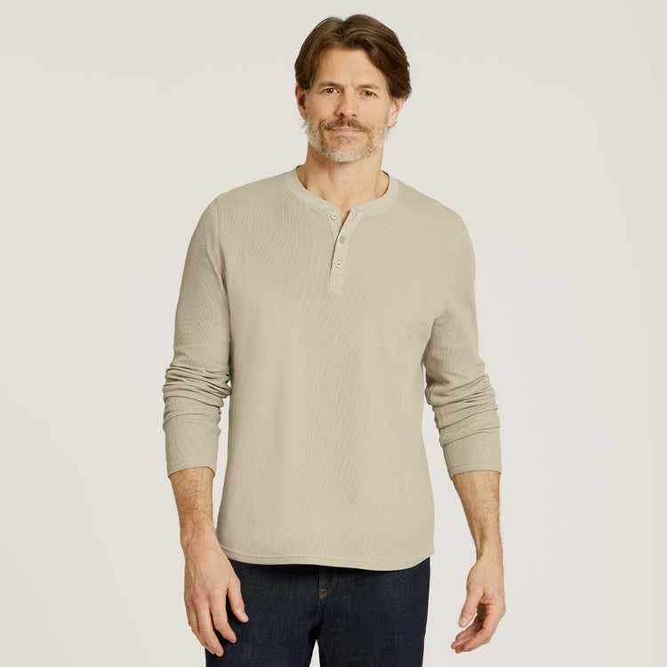 Men wearing Taupe Cotton Waffle Curved Hem Henley
