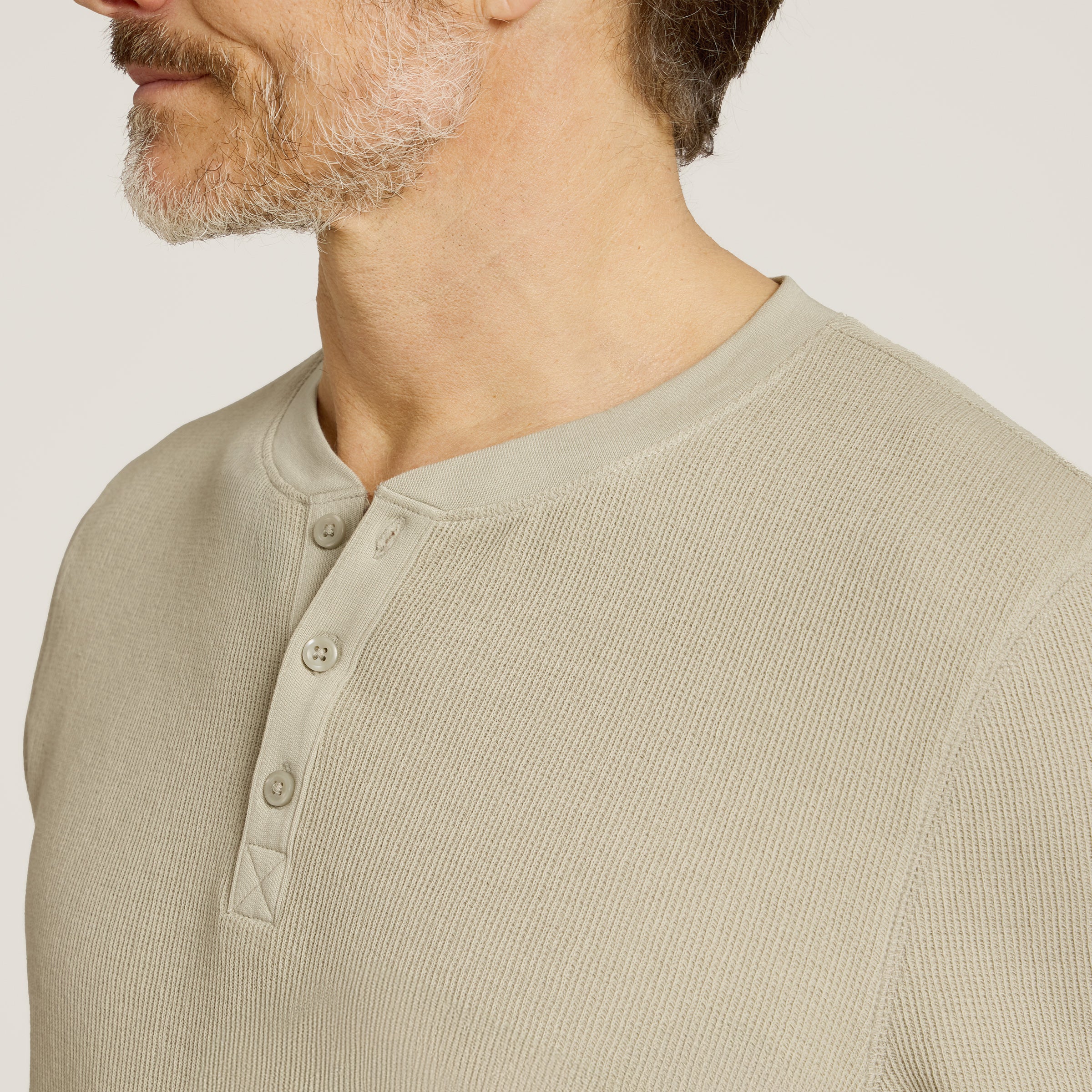 Men wearing Taupe Cotton Waffle Curved Hem Henley