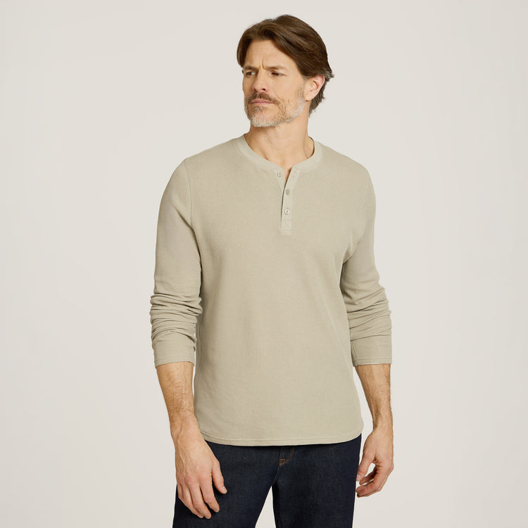 Men wearing Taupe Cotton Waffle Curved Hem Henley