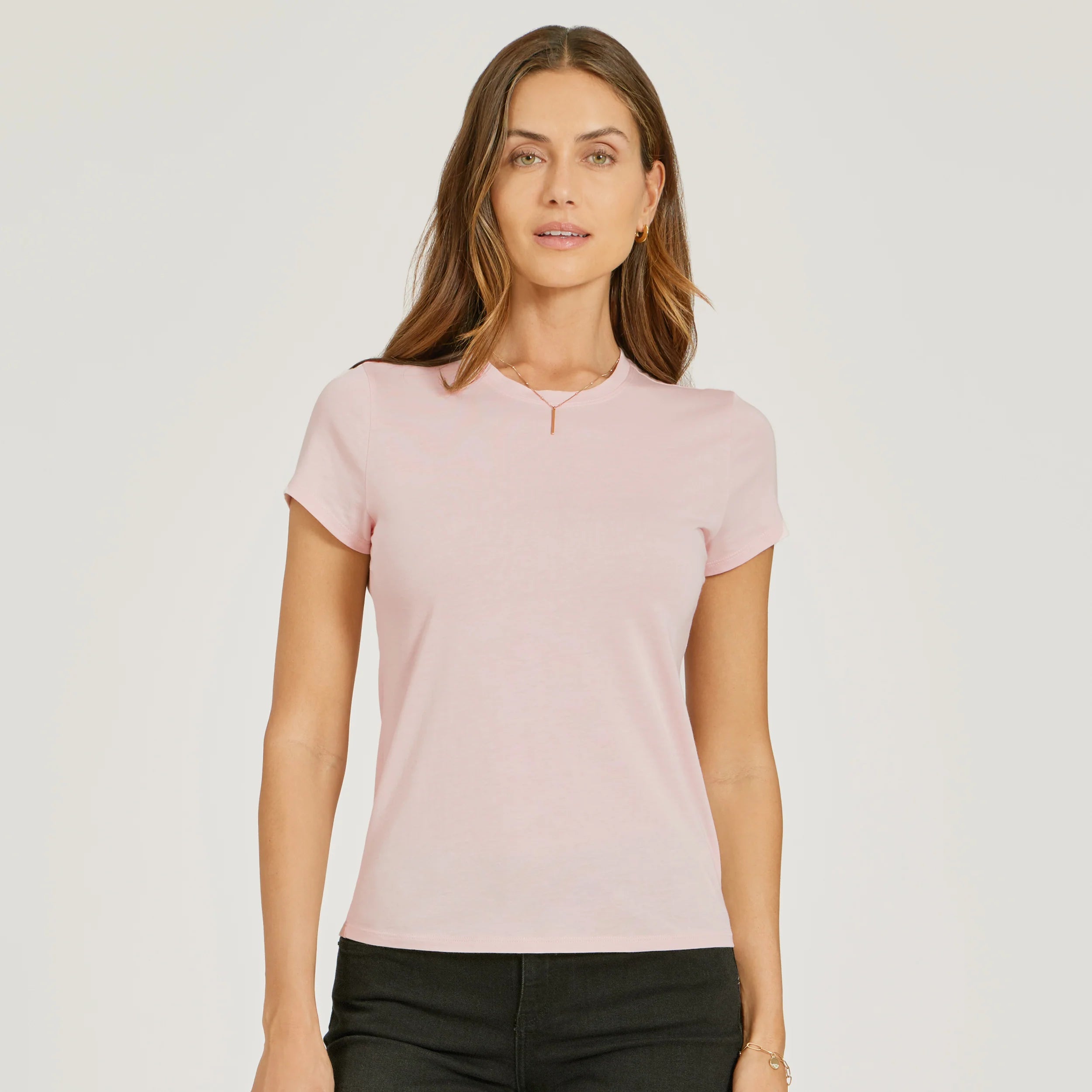 Women wearing White Mott&Bow | Fitted Crew Marcy Tee tt tees