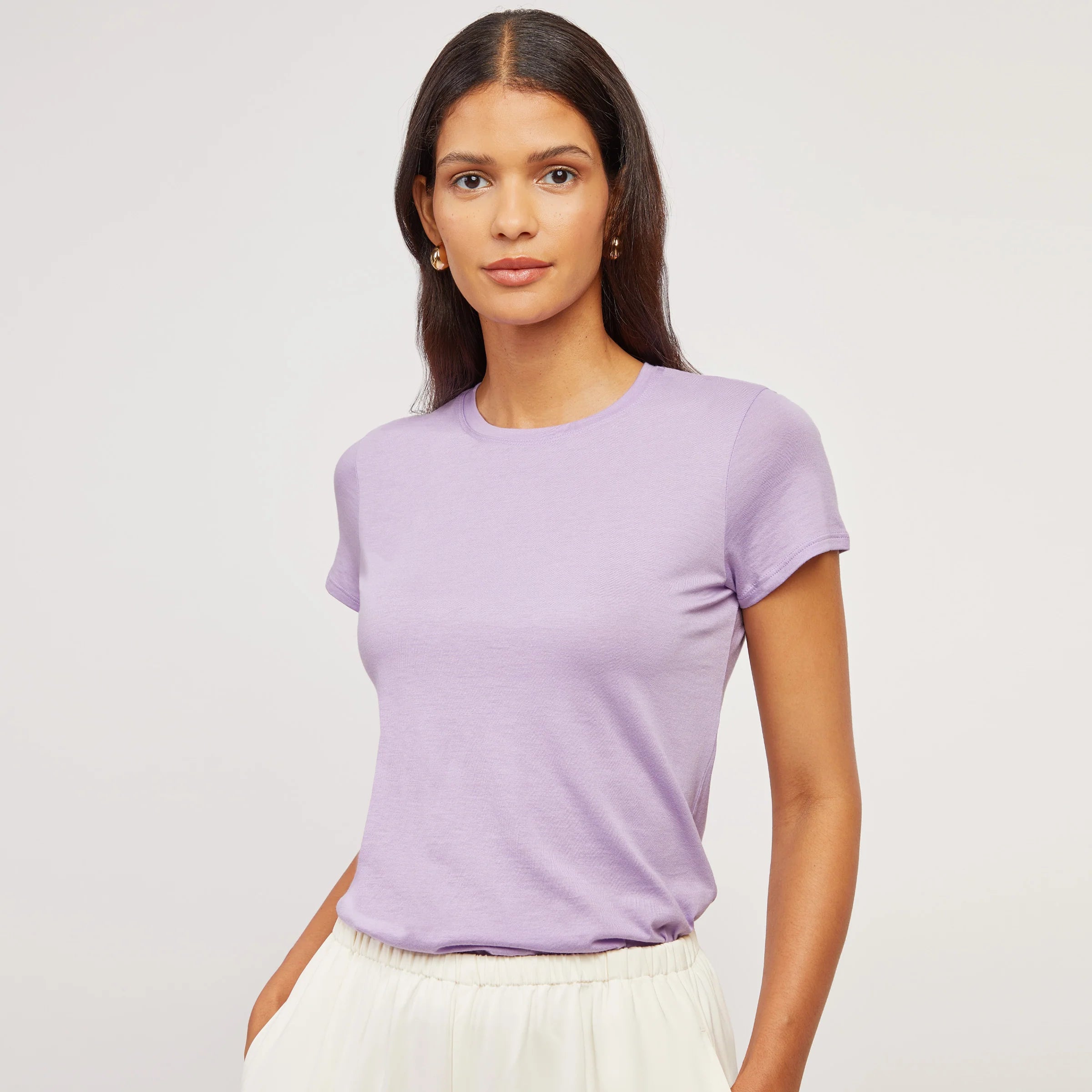 Women wearing White Mott&Bow | Fitted Crew Marcy Tee tt tees