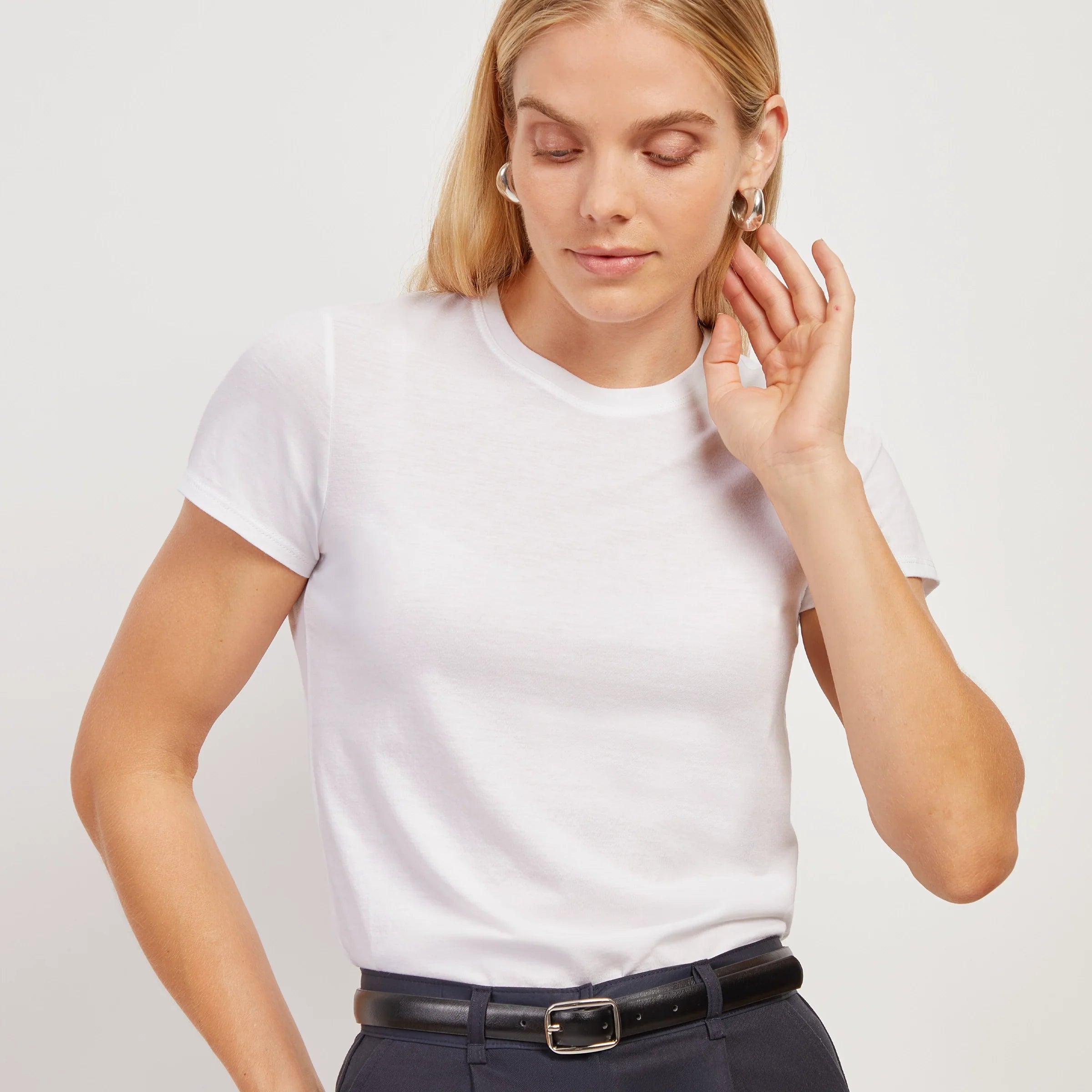 Women wearing White Mott&Bow | Fitted Crew Marcy Tee tt tees