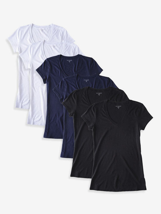 Women wearing Black/Navy/White Fitted V-Neck Marcy 6-Pack