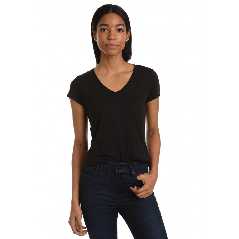  wearing Black Fitted V-Neck Marcy Tee