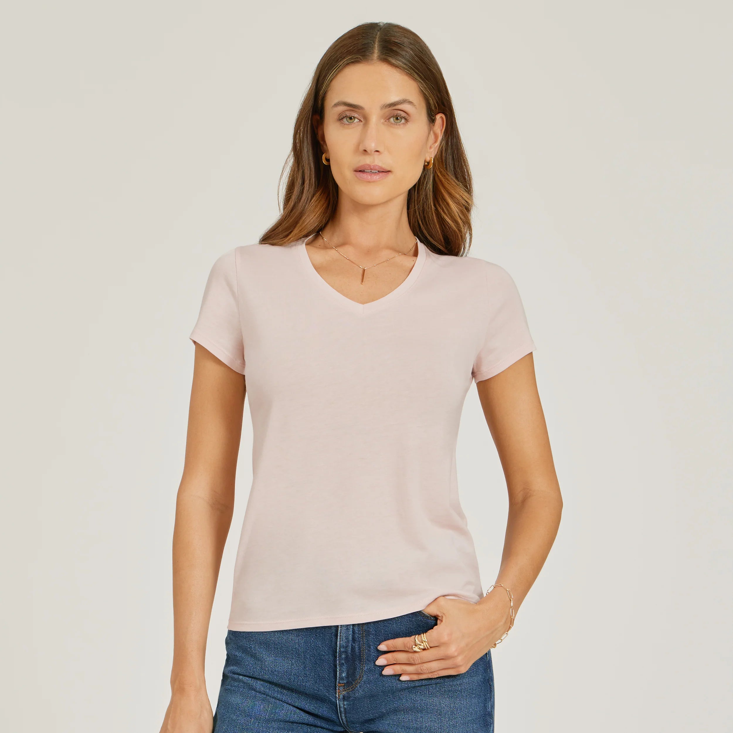 Women wearing White Mott&Bow | Fitted V-Neck Marcy Tee tt tees