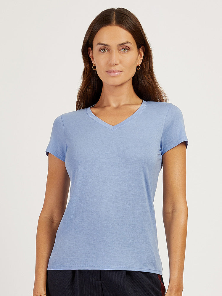  wearing Vintage Navy. deactivated Fitted V-Neck Marcy Tee - Pre Order