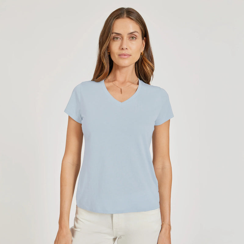 Women wearing White Mott&Bow | Fitted V-Neck Marcy Tee tt tees