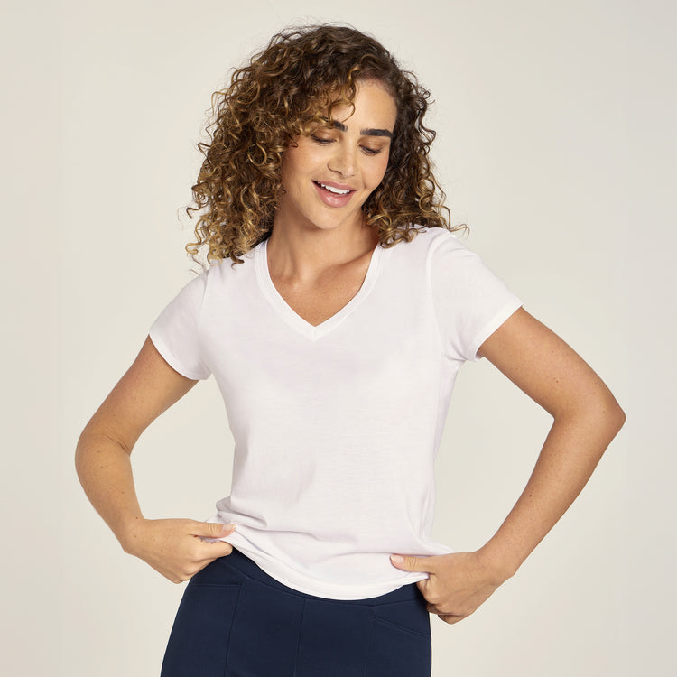 Women wearing White Fitted V-Neck Marcy Tee