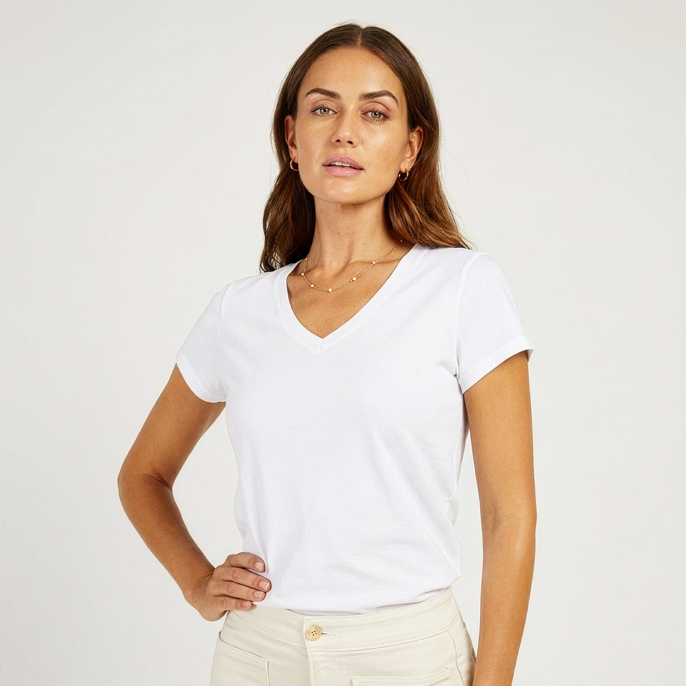 Women wearing White Fitted V-Neck Marcy Tee