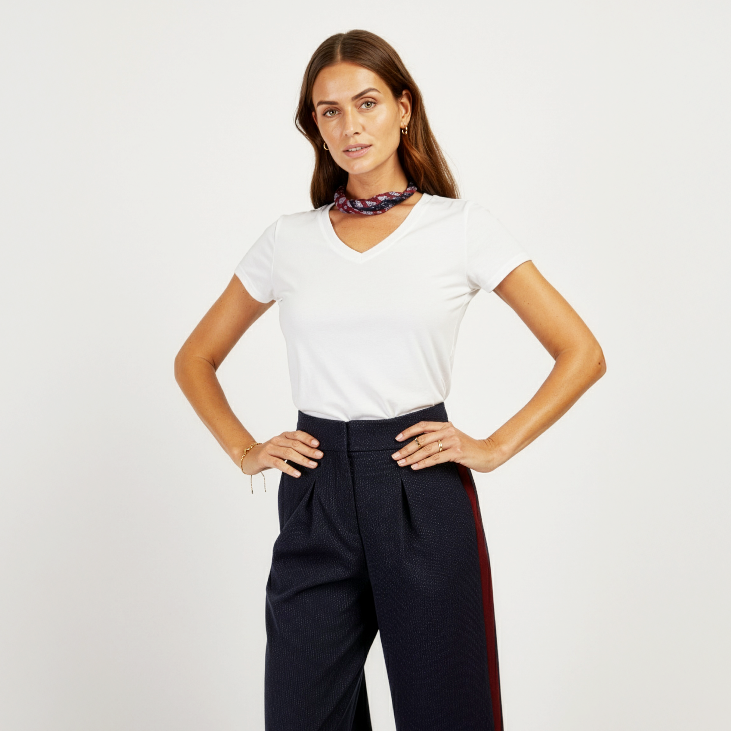 Women wearing White Fitted V-Neck Marcy Tee