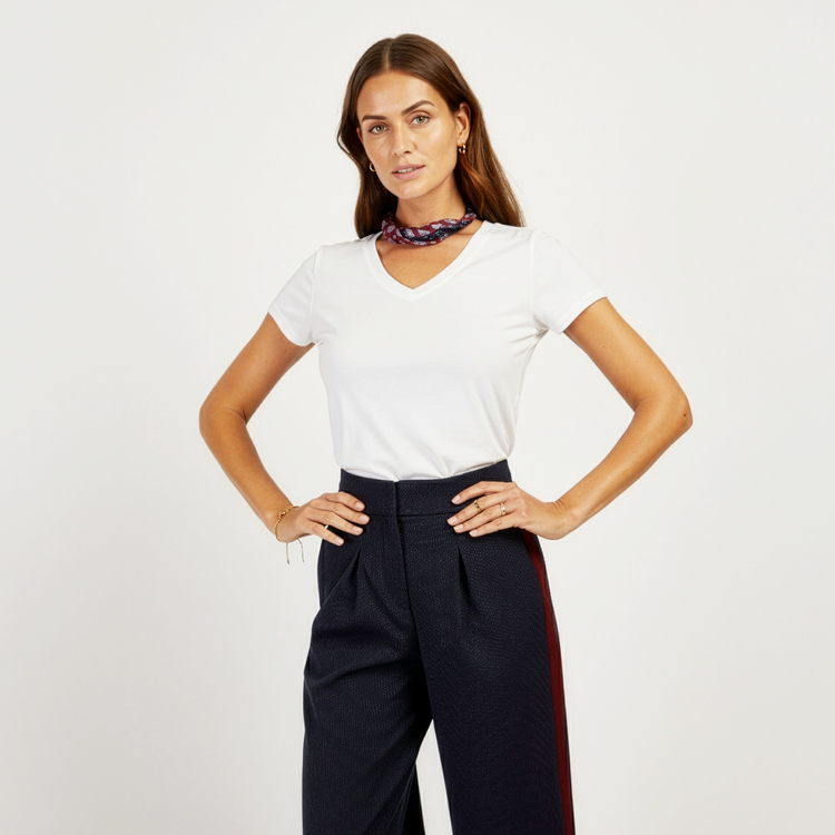 Women wearing White Fitted V-Neck Marcy Tee