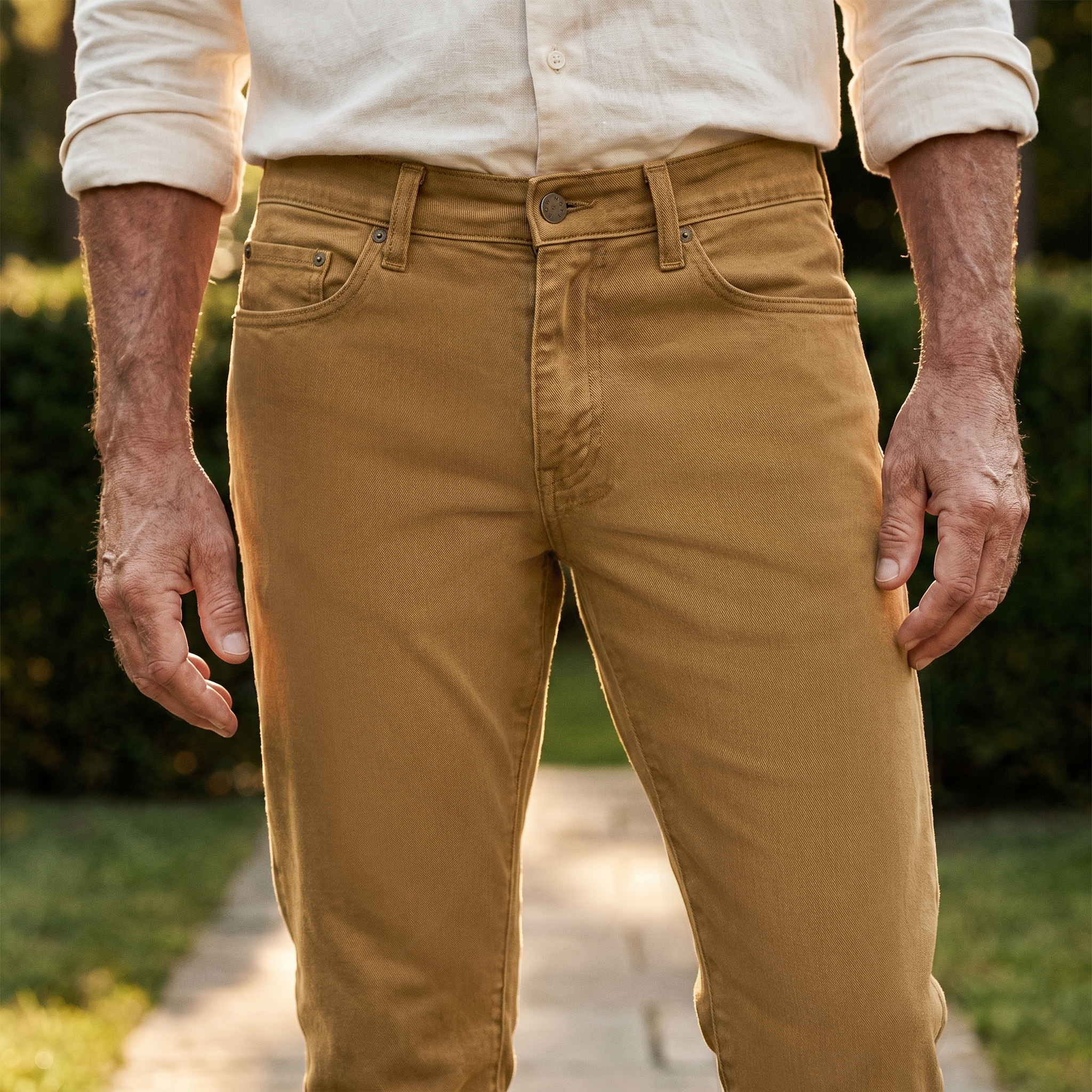 Men wearing Kaki Slim Mercer Jeans