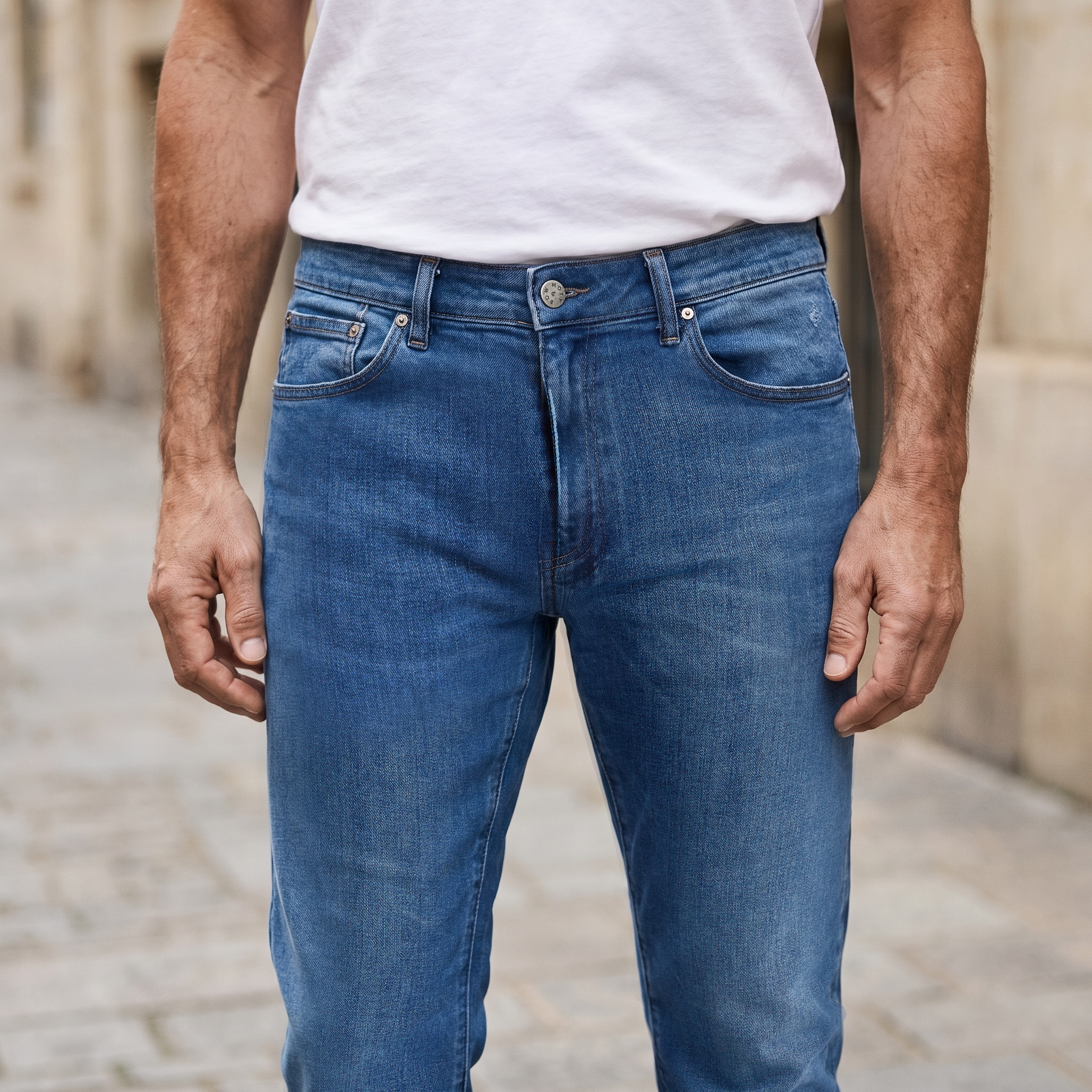 Men wearing Bleu Médium Straight Staple Jeans