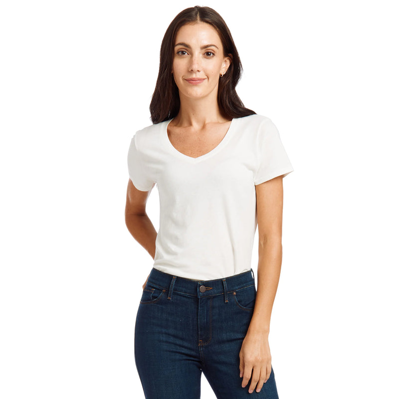 Women wearing White Mott&Bow | Fitted V-Neck Marcy Tee tt tees
