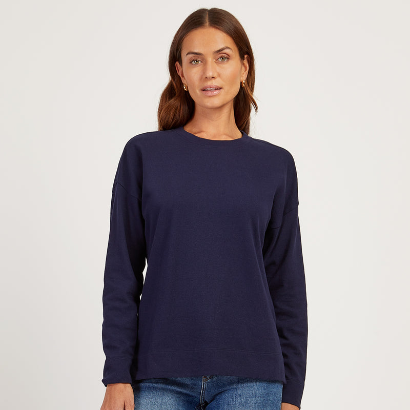 Women wearing Vintage Navy Cotton Jersey Oversized Long Sleeve Tee - Pre Order tees