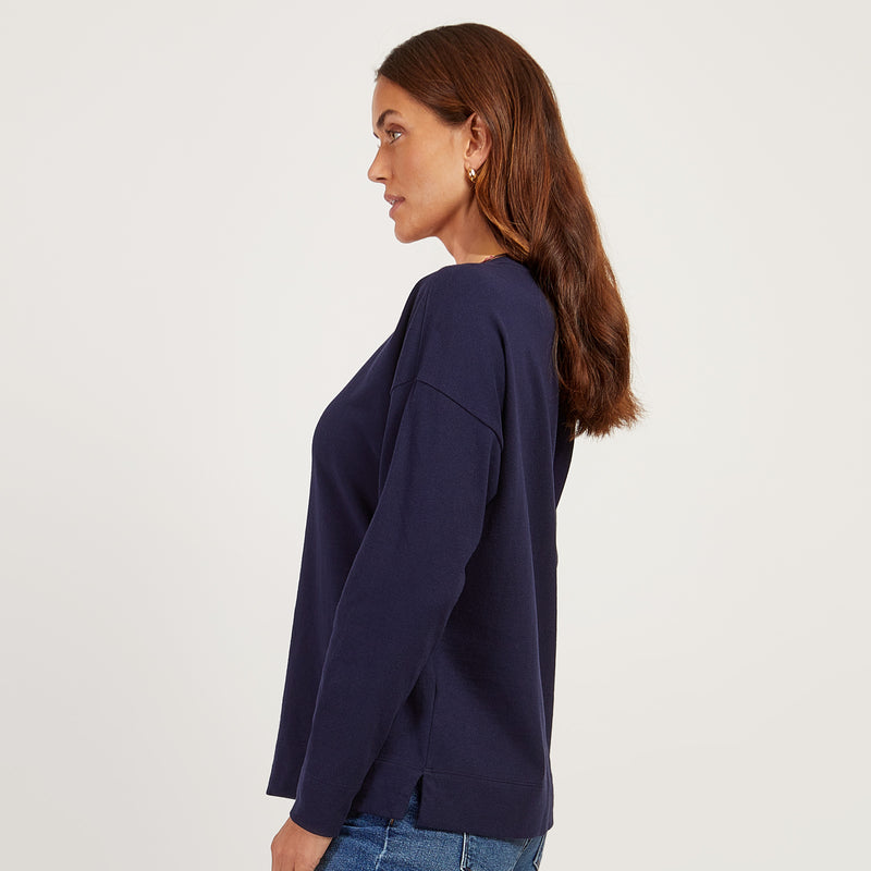 Women wearing Vintage Navy Cotton Jersey Oversized Long Sleeve Tee - Pre Order tees