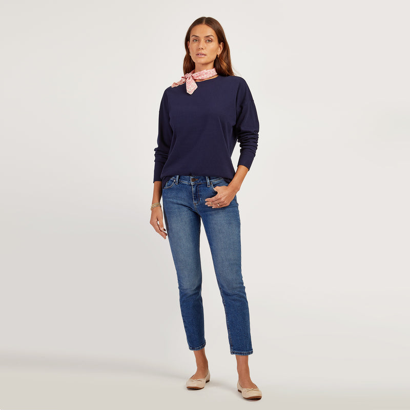 Women wearing Vintage Navy Cotton Jersey Oversized Long Sleeve Tee - Pre Order tees