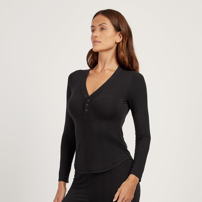  wearing Black Lounge Long Sleeve Henley - Pre Order lounge