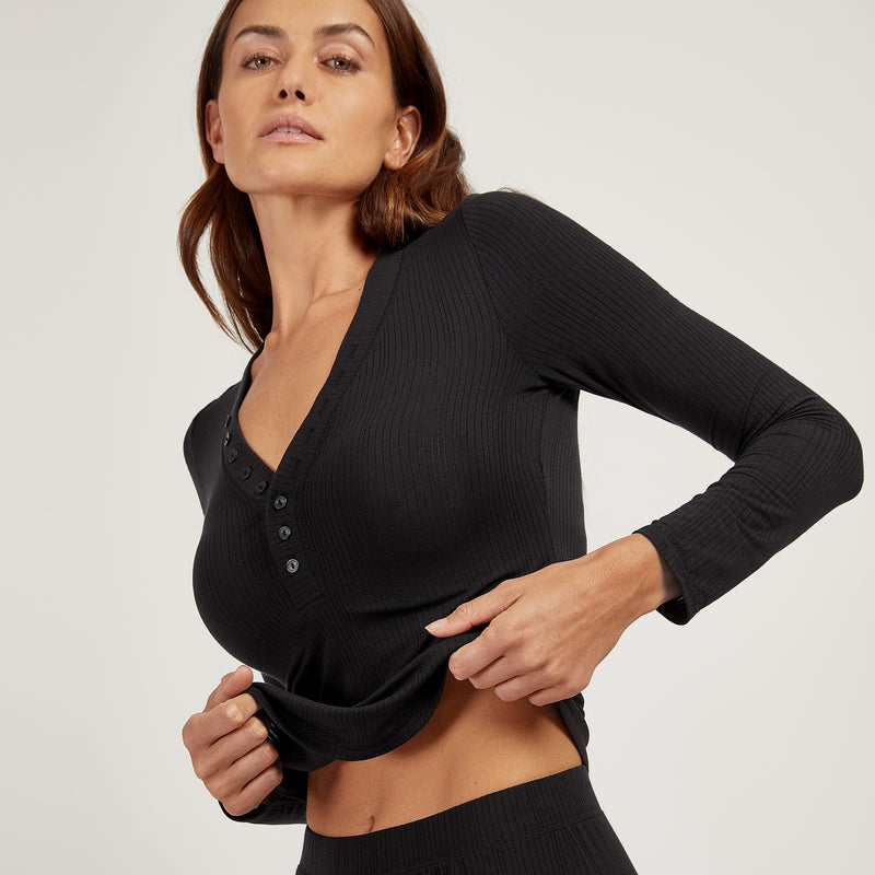  wearing Black Lounge Long Sleeve Henley - Pre Order lounge