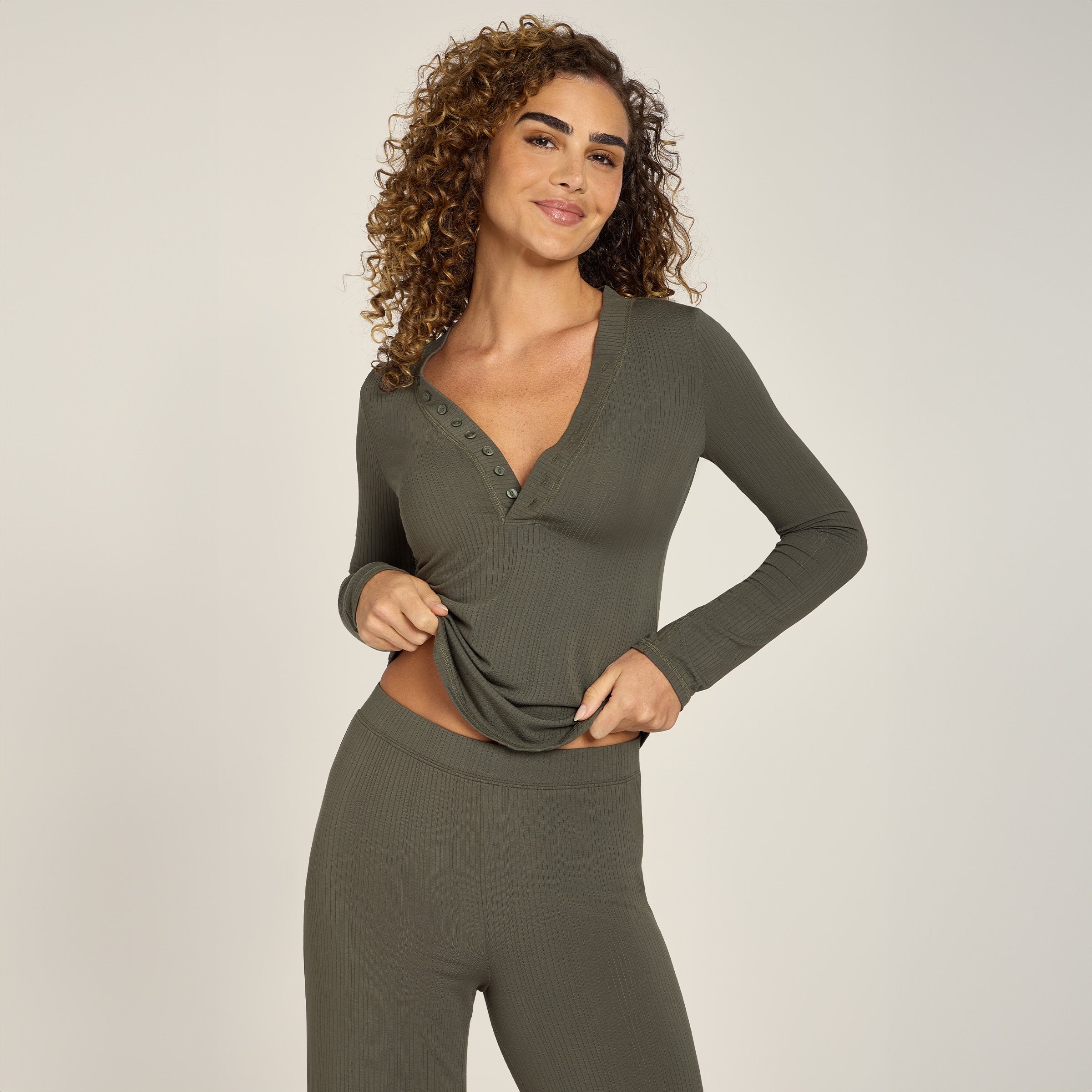  wearing Evergreen Lounge Long Sleeve Henley - Pre Order lounge