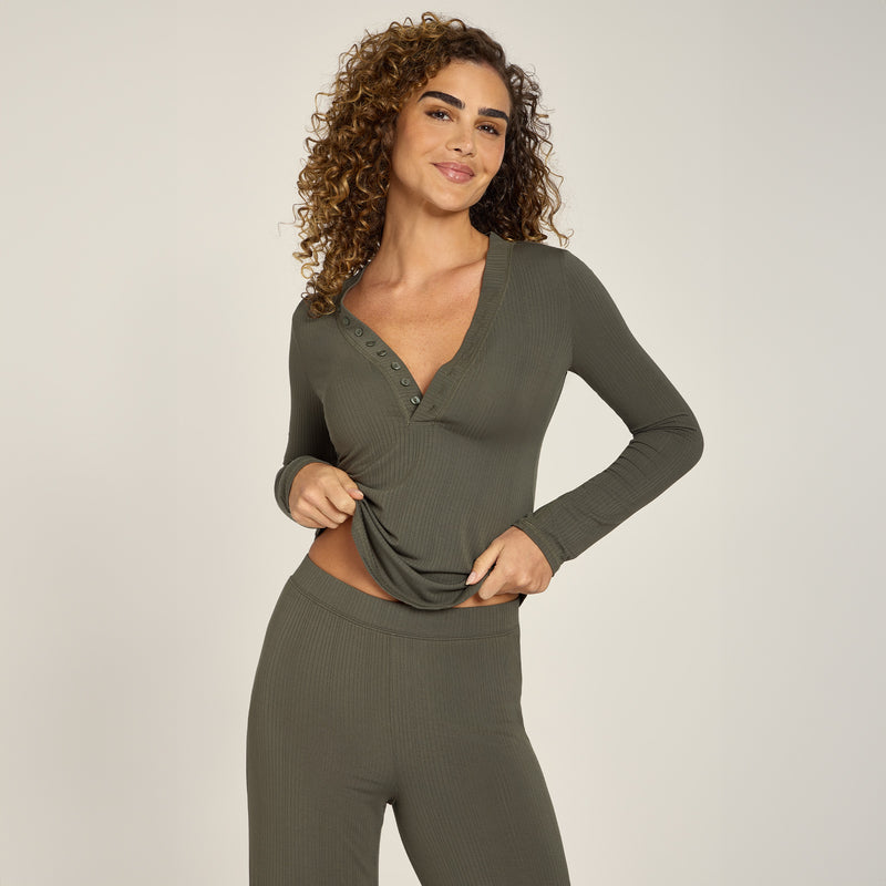  wearing Evergreen Lounge Long Sleeve Henley - Pre Order lounge